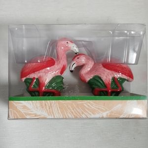 Tropical Living Pink Flamingo Salt Pepper Shakers Ceramic Set  ~New In Box